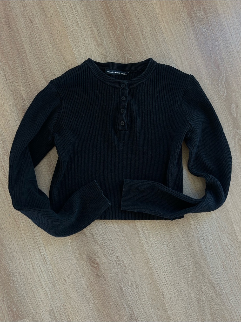 Brandy Melville Black Ribbed Button-Front Long Sleeve Top